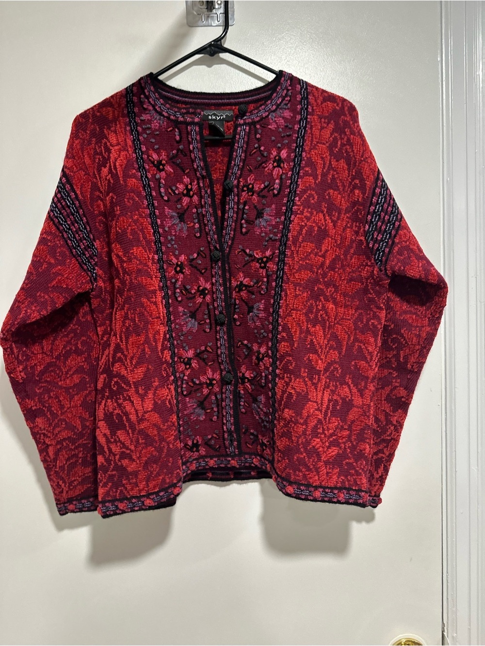 VTG Skyr plum/red fair-isle SzM embroidered wool blend Cottagecore cardigan
